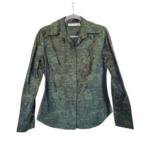 Farinaz Taghavi Forest Green Paisley Floral Evening Button Down Blouse, Size 8